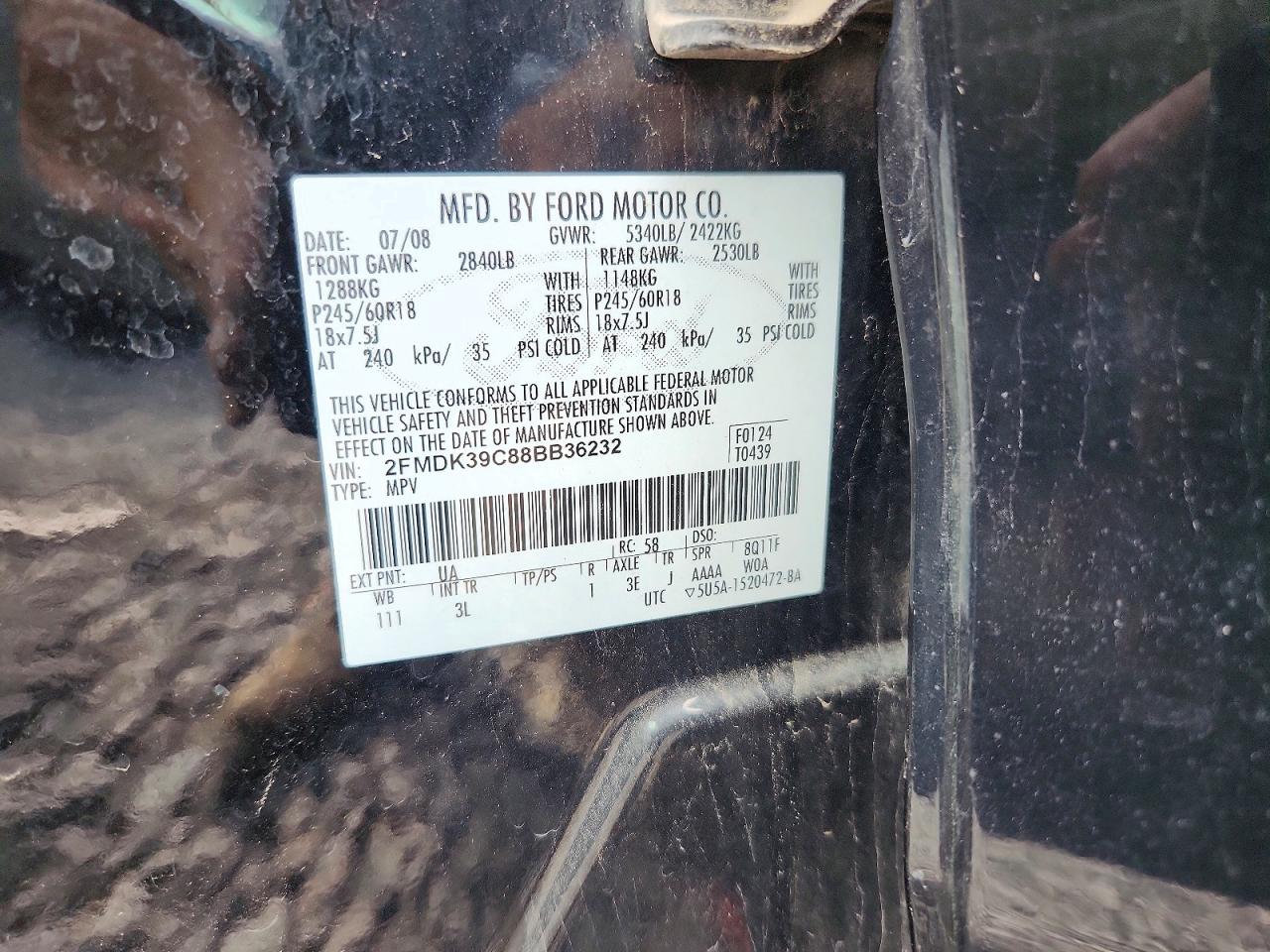 2FMDK39C88BB36232 · 2008 FORD EDGE · 12/12