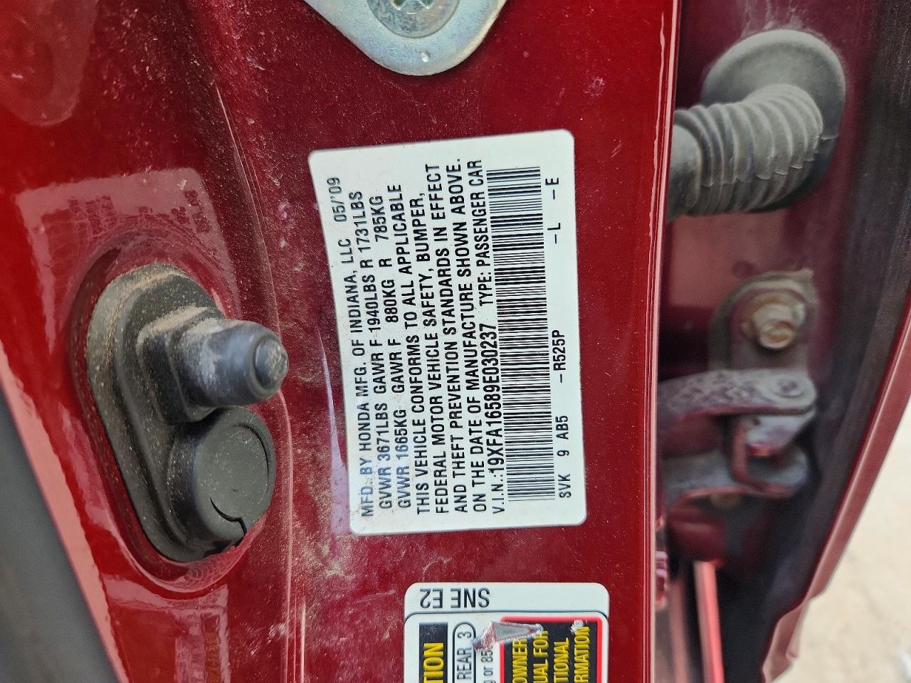 19XFA16589E030237 · 2009 HONDA CIVIC · 12/12