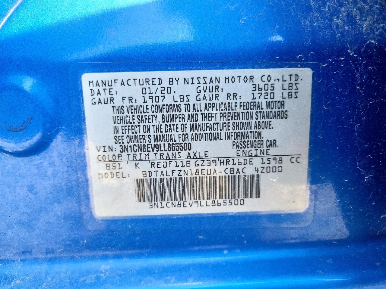 3N1CN8EV9LL865500 · 2020 NISSAN VERSA · 12/12