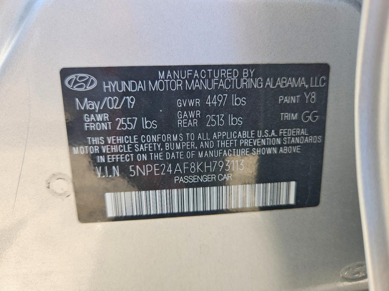 5NPE24AF8KH793113 · 2019 HYUNDAI SONATA · 12/12