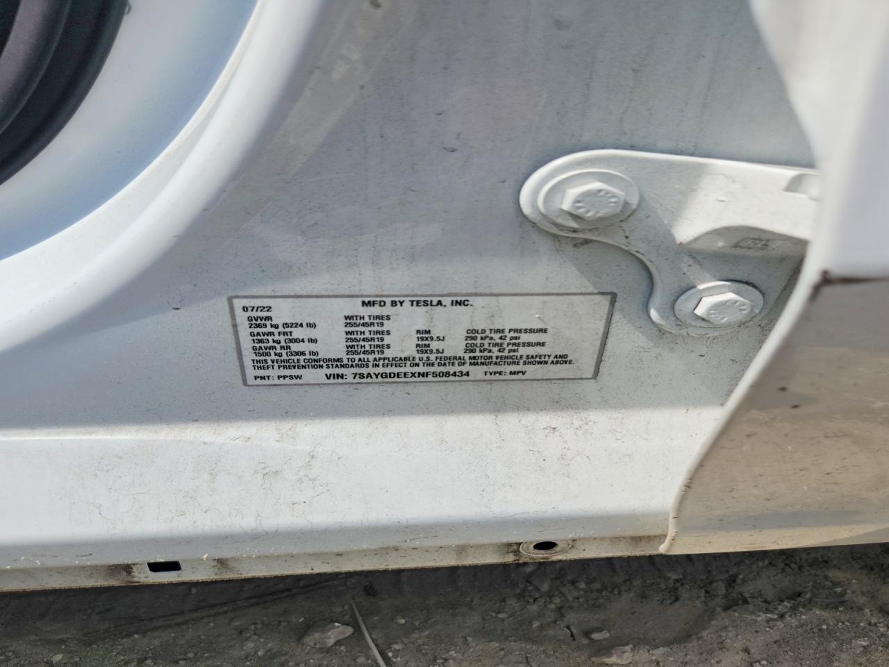 7SAYGDEEXNF508434 · 2022 TESLA MODEL Y · 12/12