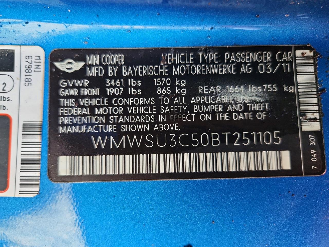 WMWSU3C50BT251105 · 2011 MINI COOPER · 12/12