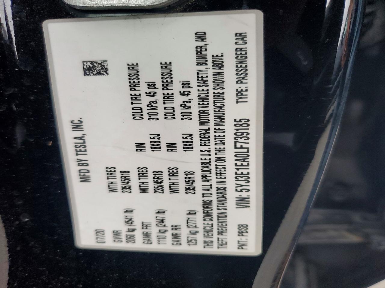 5YJ3E1EA0LF739185 · 2020 TESLA MODEL 3 · 12/12