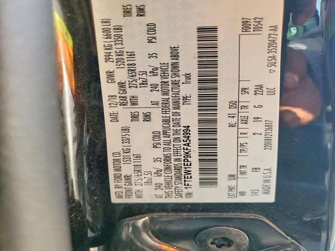 1FTEW1EP9KFA54994 · 2019 FORD F150 · 12/12