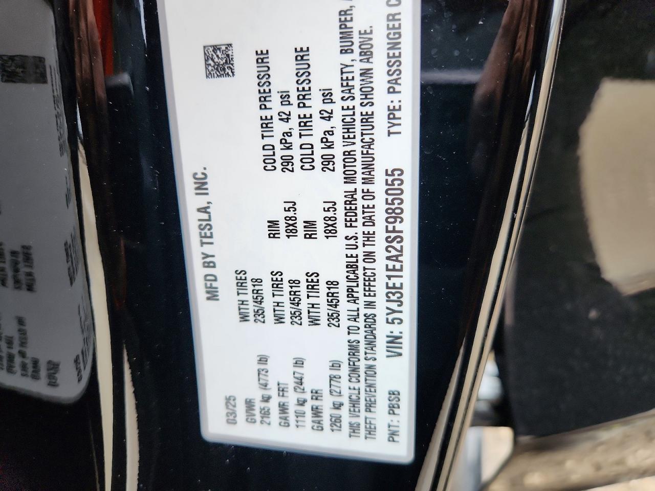 5YJ3E1EA2SF985055 · 2025 TESLA MODEL 3 · 12/12
