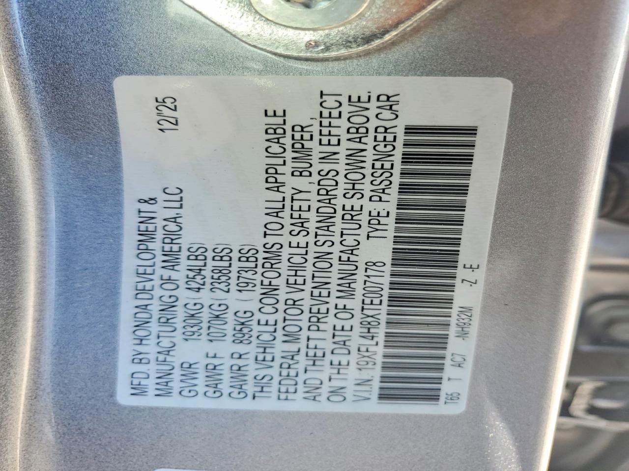 19XFL4H8XTE007178 · 2026 HONDA CIVIC · 12/12