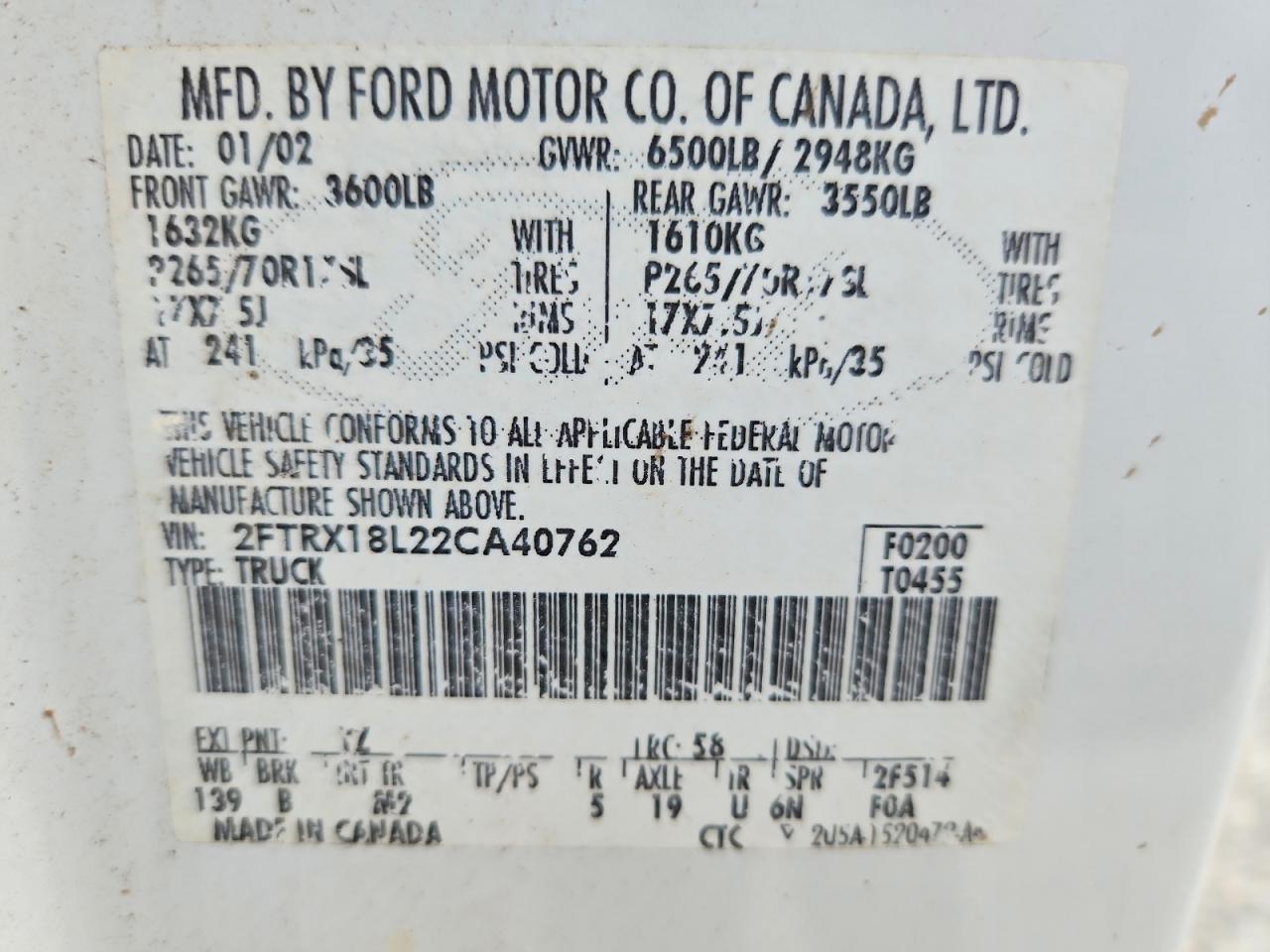 2FTRX18L22CA40762 · 2002 FORD F150 · 12/12