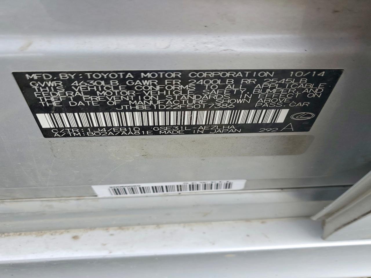 JTHBE1D22F5017386 · 2015 LEXUS IS · 12/12
