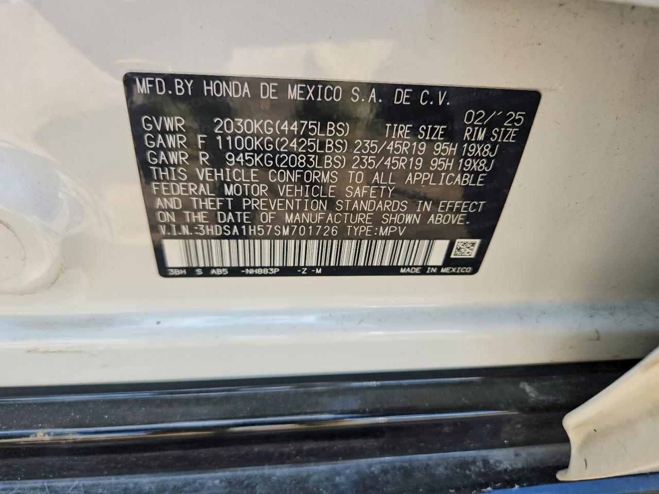 3HDSA1H57SM701726 · 2025 ACURA ADX · 12/12