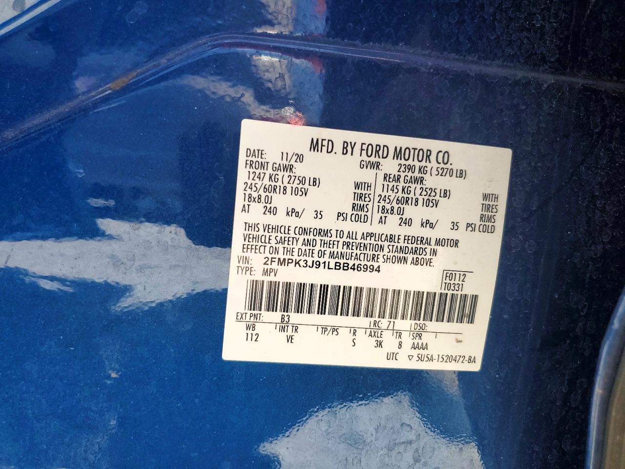 2FMPK3J91LBB46994 · 2020 FORD EDGE · 12/12