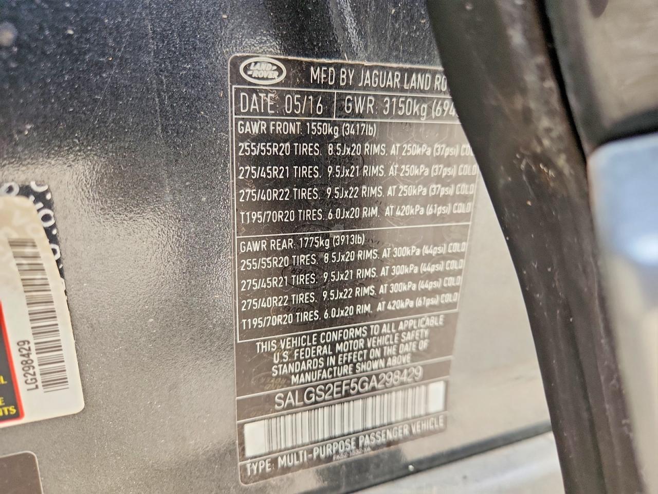 SALGS2EF5GA298429 · 2016 LAND ROVER RANGE ROVER · 12/12