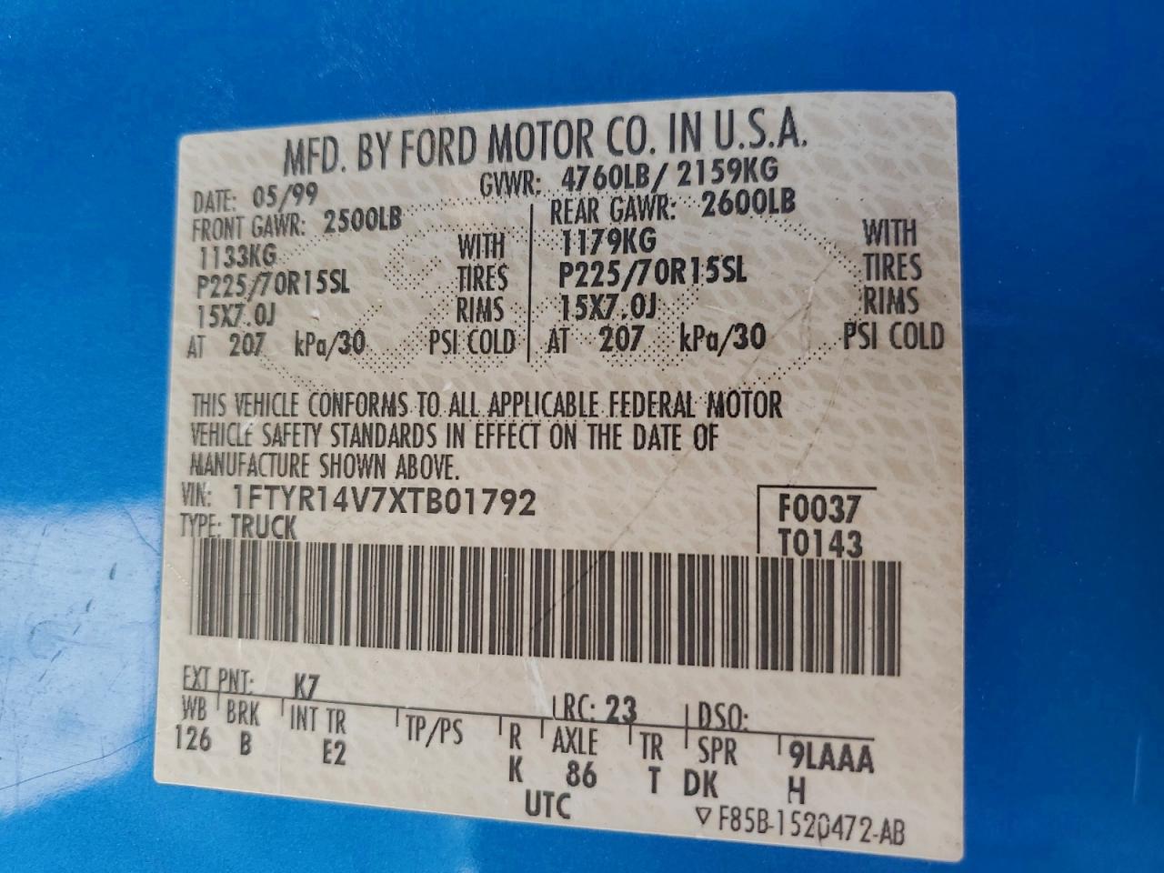 1FTYR14V7XTB01792 · 1999 FORD RANGER · 12/12