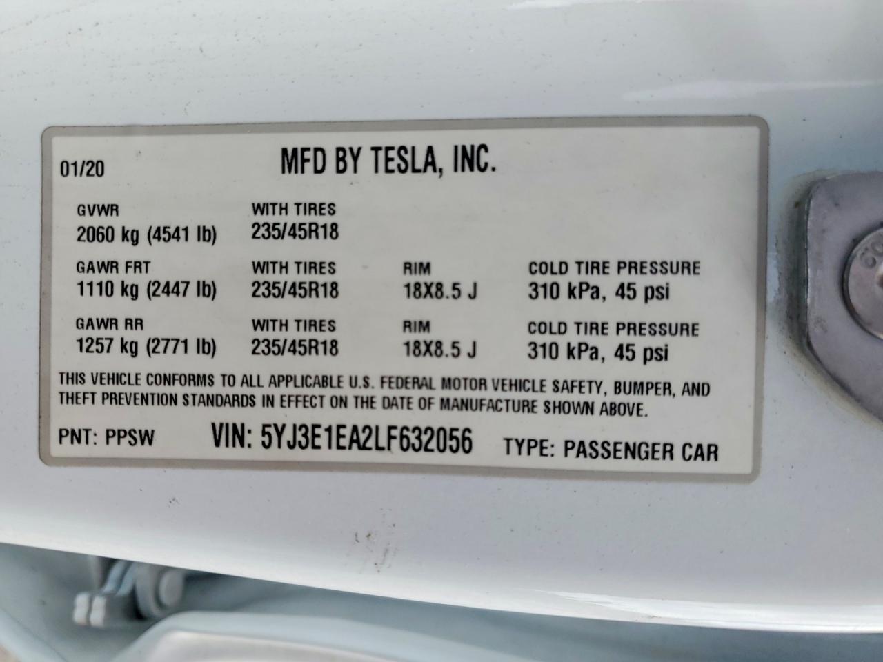 5YJ3E1EA2LF632056 · 2020 TESLA MODEL 3 · 12/12