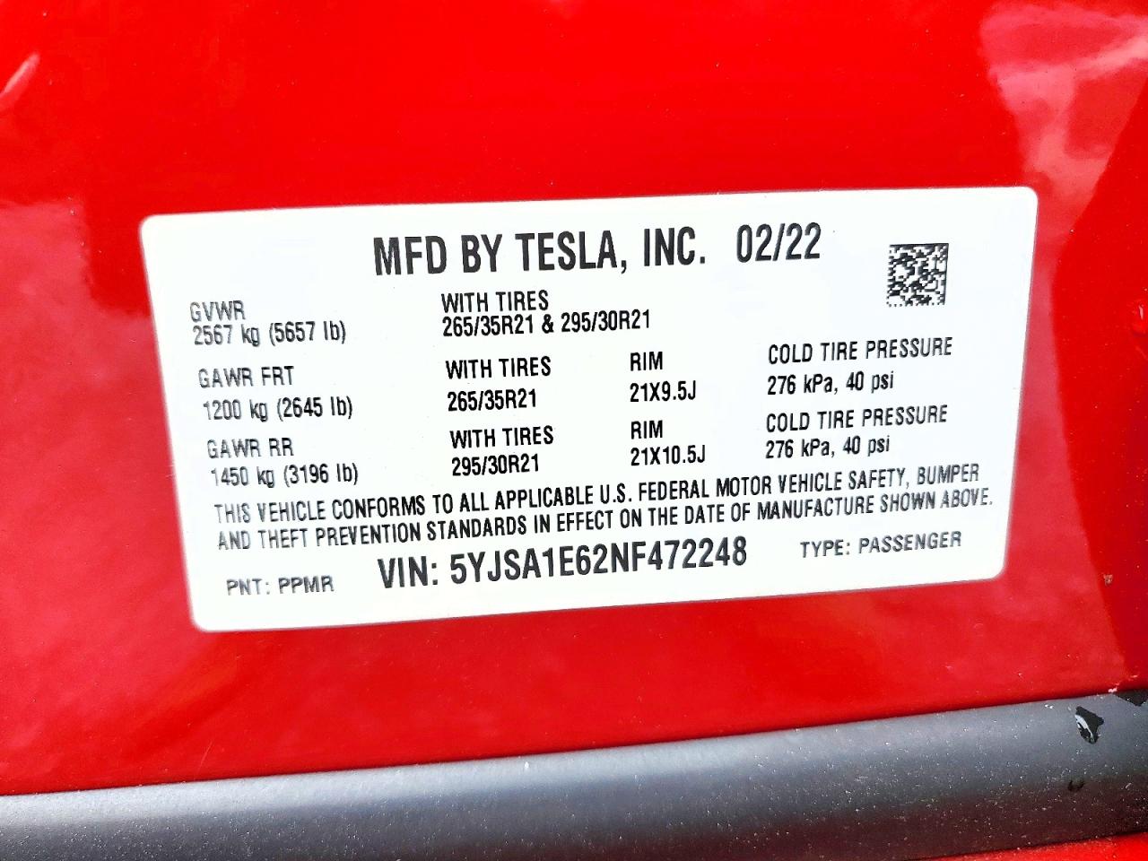 5YJSA1E62NF472248 · 2022 TESLA MODEL S · 12/12