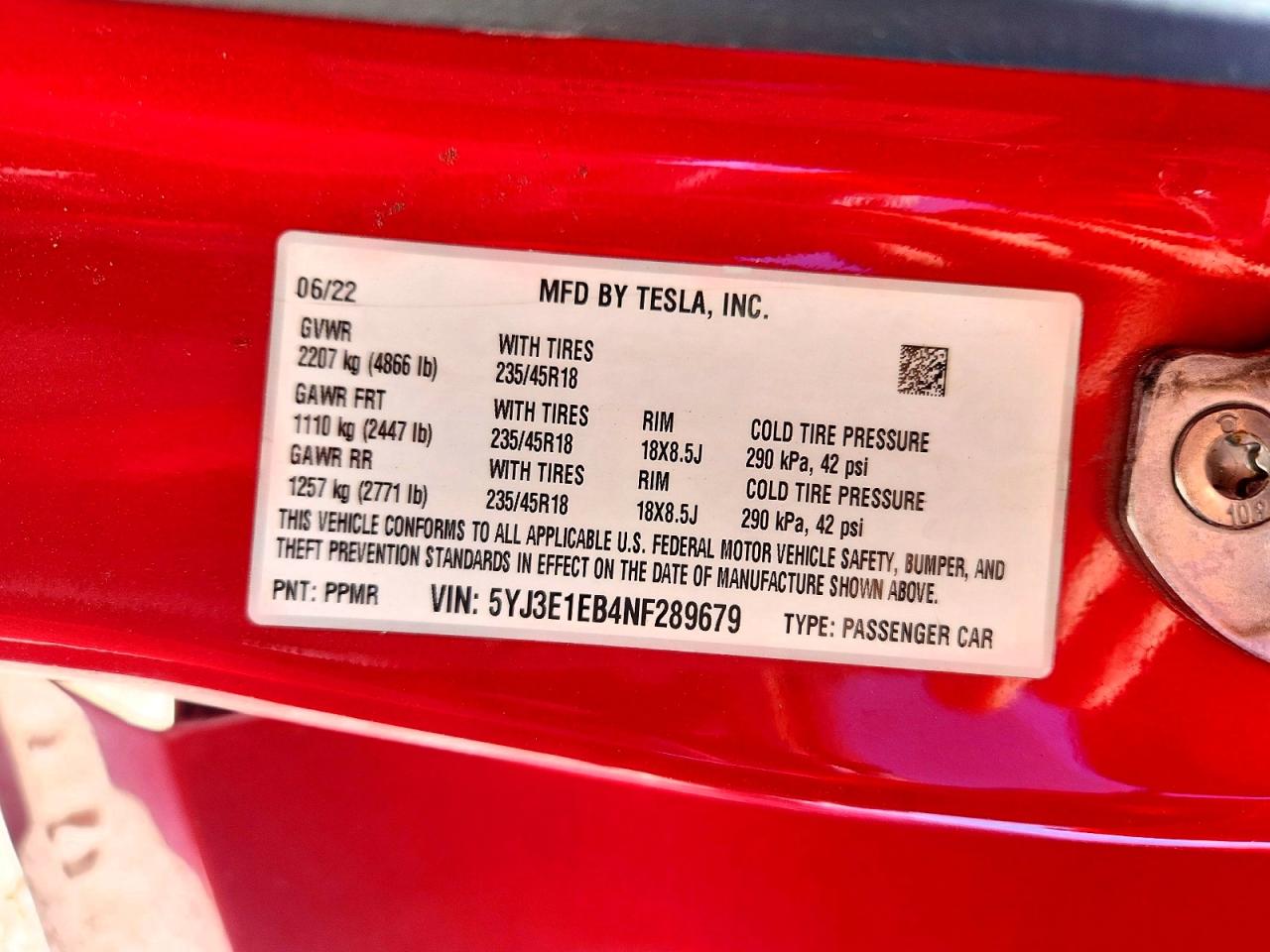 5YJ3E1EB4NF289679 · 2022 TESLA MODEL 3 · 12/12