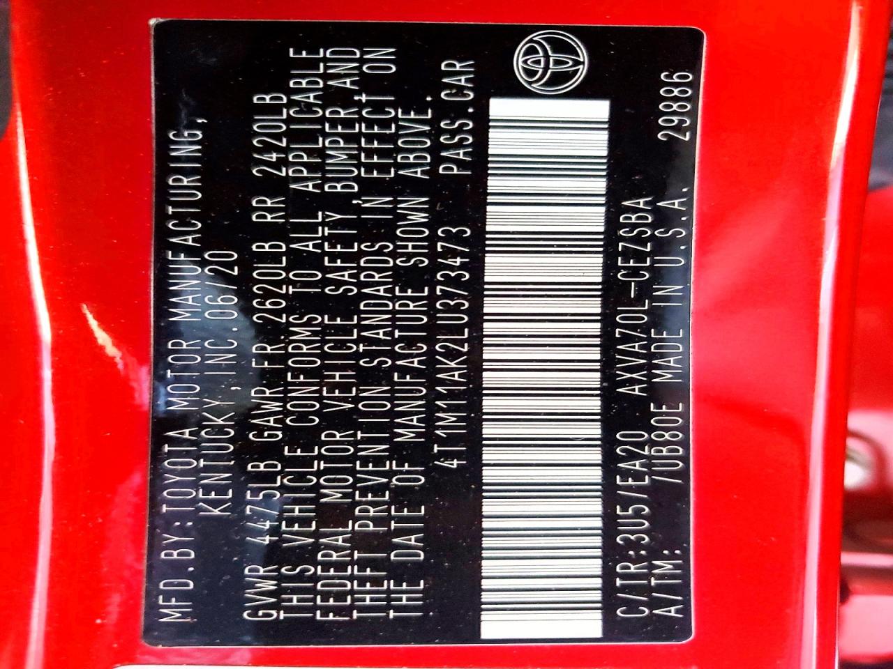 4T1M11AK2LU373473 · 2020 TOYOTA CAMRY · 12/12