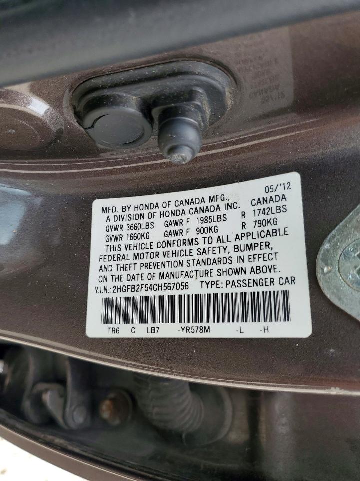 2HGFB2F54CH567056 · 2012 HONDA CIVIC · 12/12