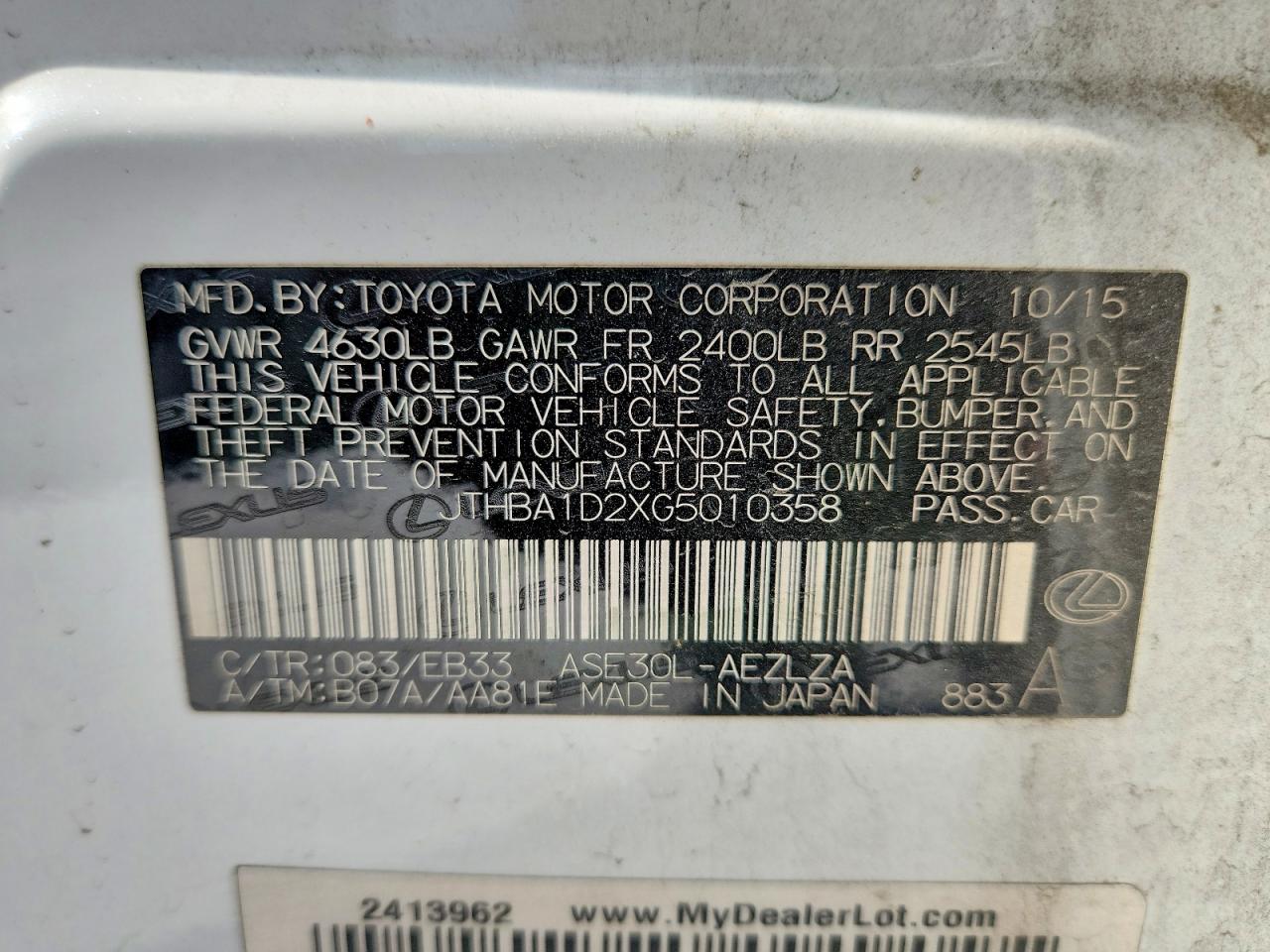 JTHBA1D2XG5010358 · 2016 LEXUS IS · 12/12