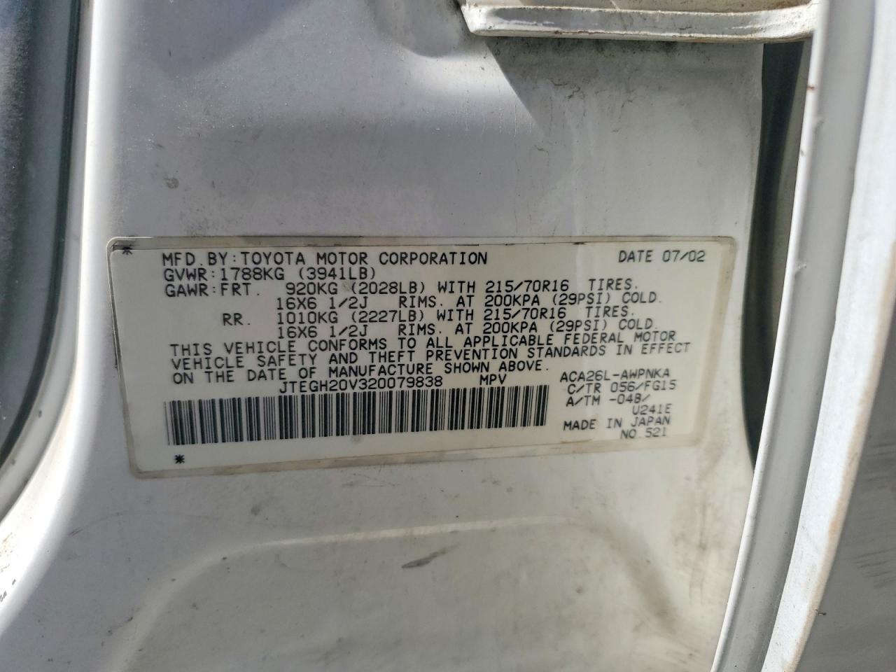 JTEGH20V320079838 · 2002 TOYOTA RAV4 · 12/12