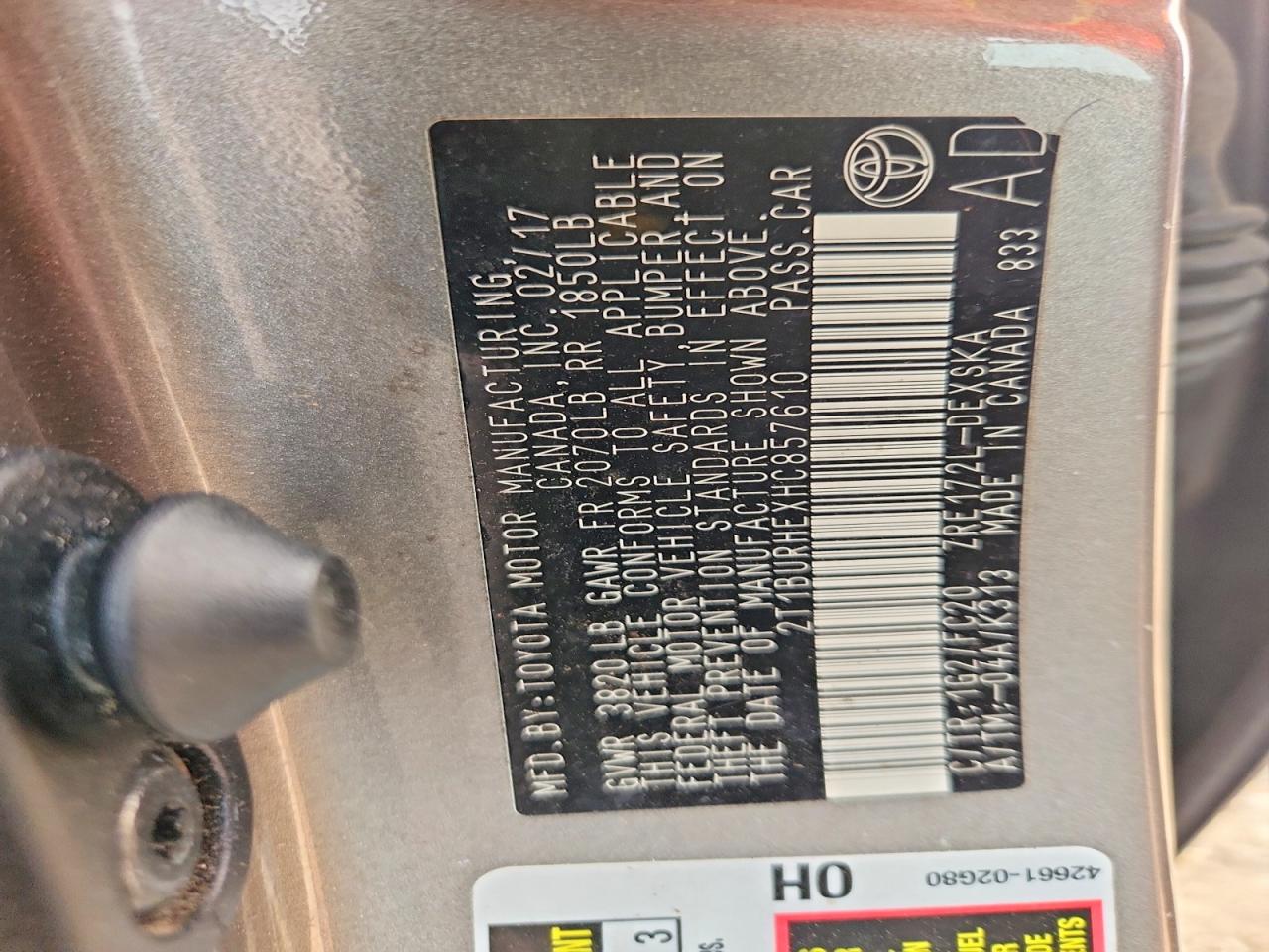 2T1BURHEXHC857610 · 2017 TOYOTA COROLLA · 12/12