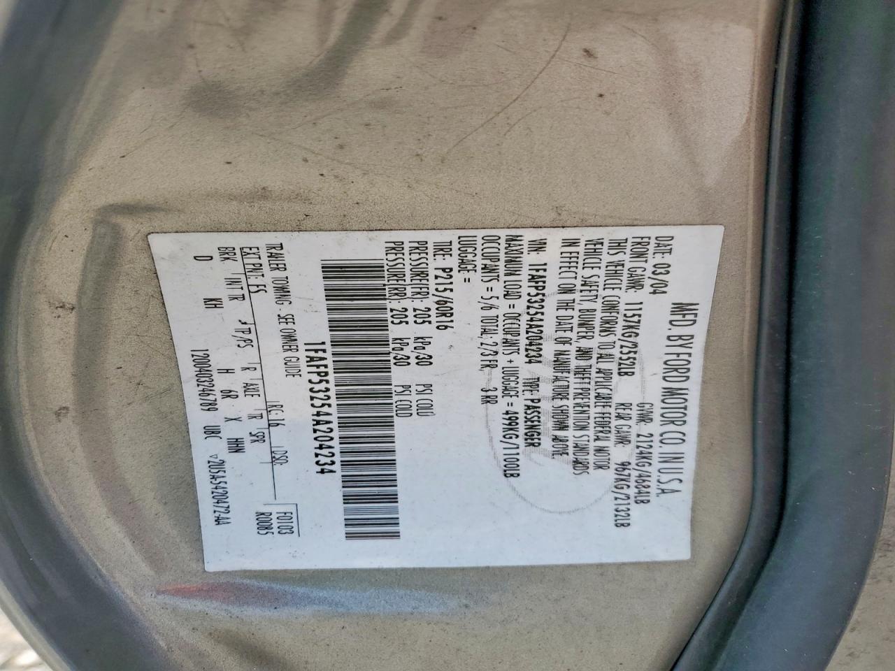 1FAFP53254A204234 · 2004 FORD TAURUS · 12/12
