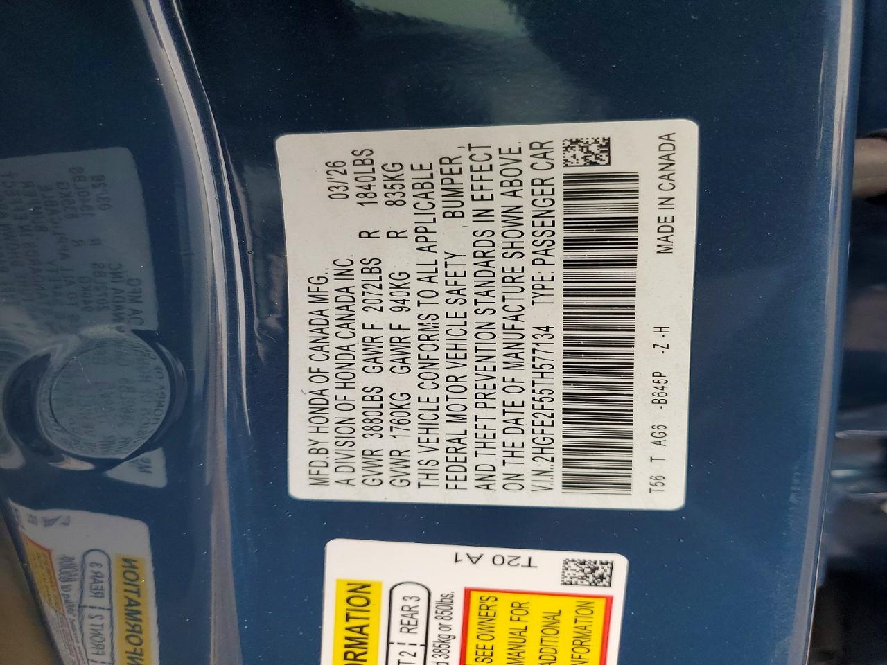 2HGFE2F55TH577134 · 2026 HONDA CIVIC · 12/12