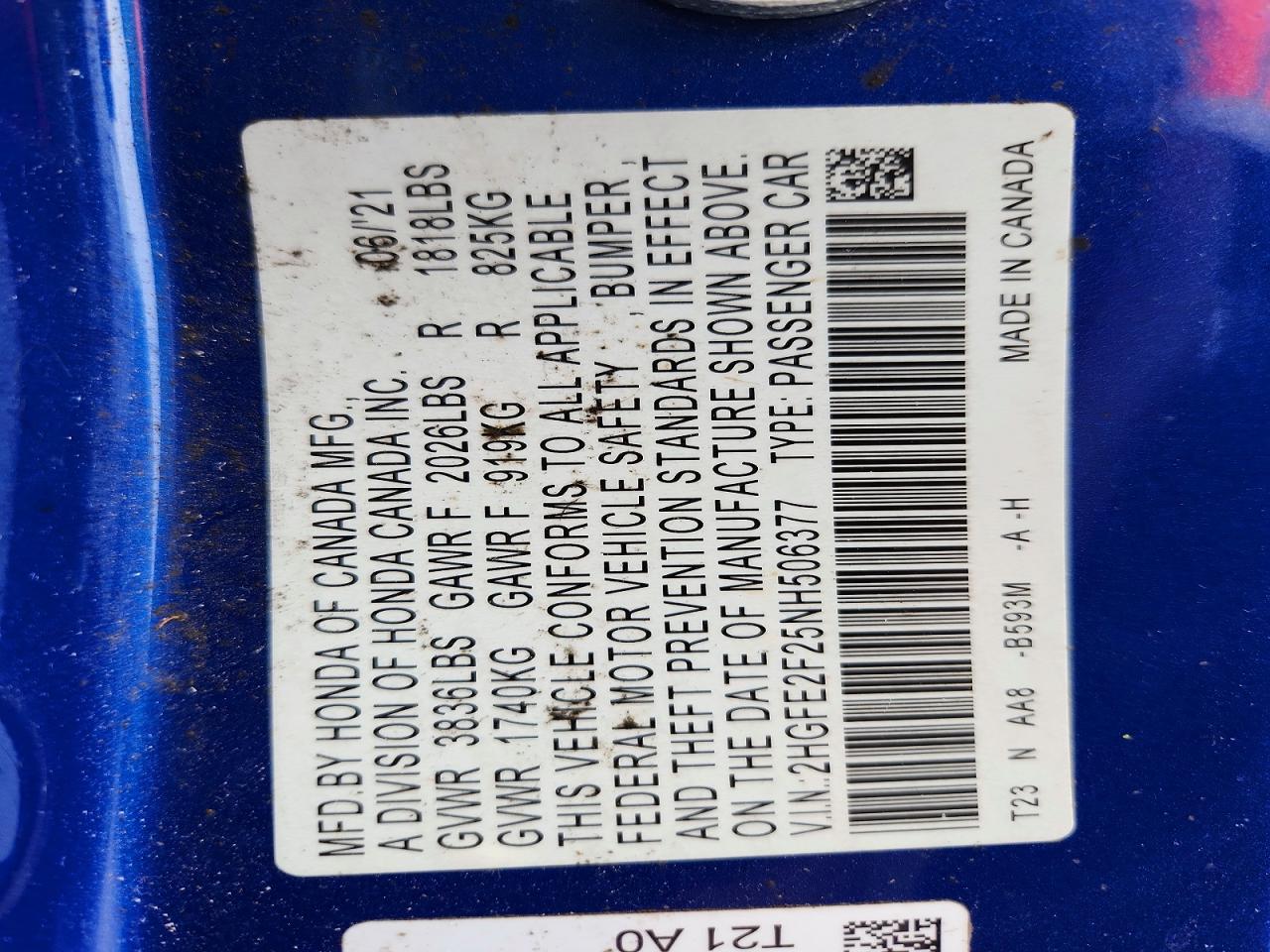 2HGFE2F25NH506377 · 2022 HONDA CIVIC · 12/12