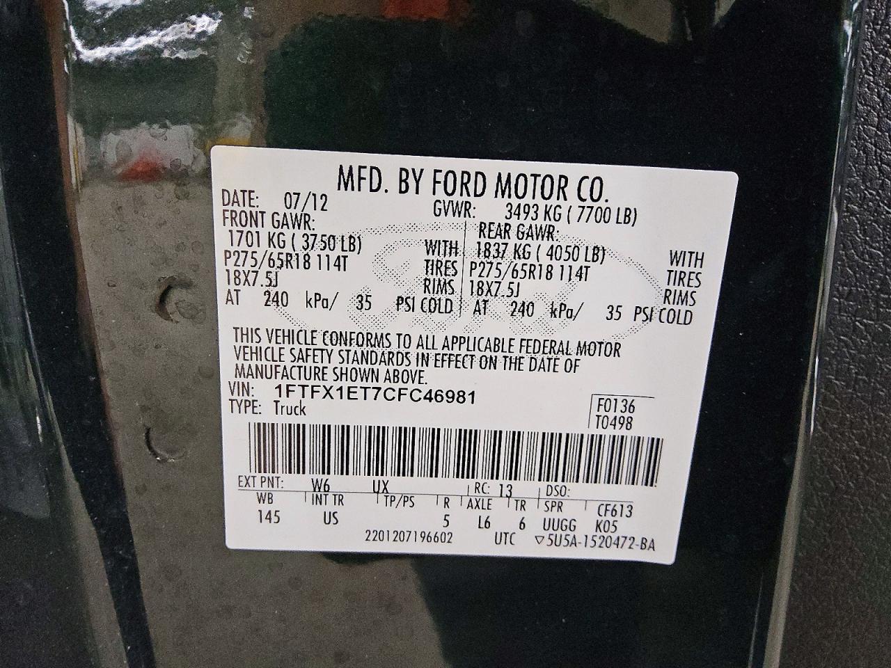 1FTFX1ET7CFC46981 · 2012 FORD F150 · 12/12