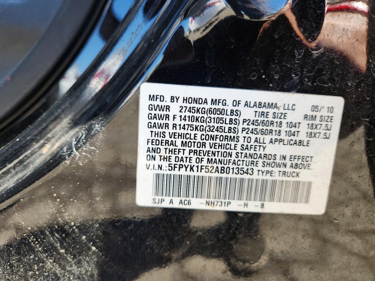 5FPYK1F52AB013543 · 2010 HONDA RIDGELINE · 12/12