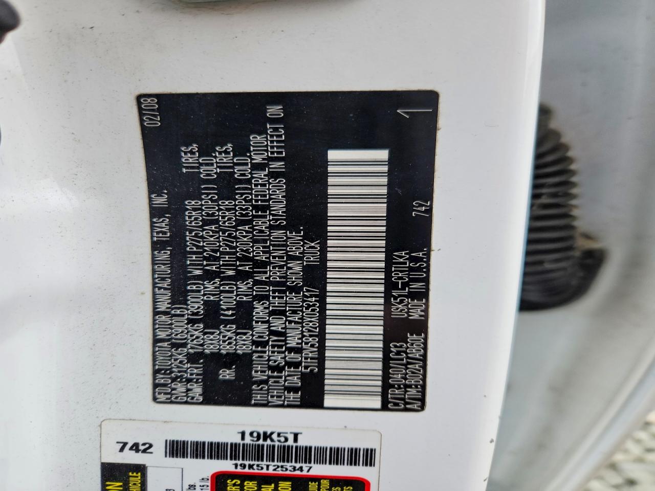 5TFRV58128X053417 · 2008 TOYOTA TUNDRA · 12/12
