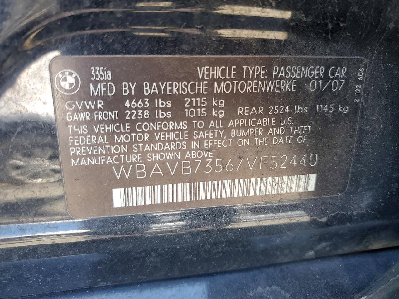 WBAVB73567VF52440 · 2007 BMW 335 · 12/12