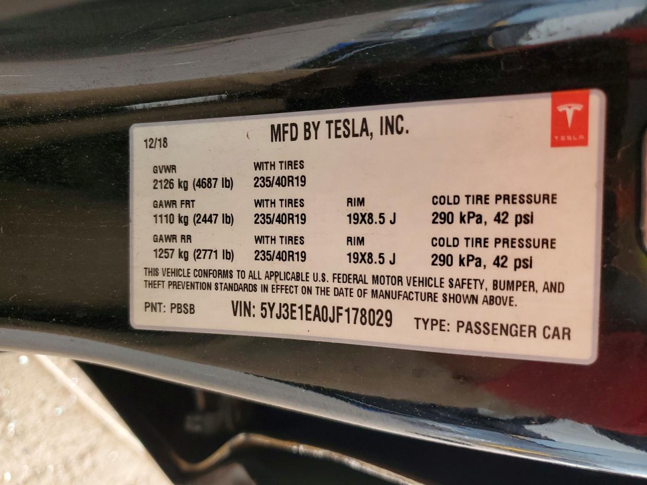 5YJ3E1EA0JF178029 · 2018 TESLA MODEL 3 · 12/12