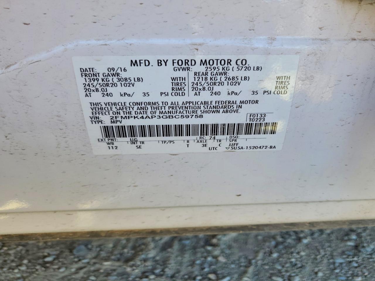2FMPK4AP3GBC59758 · 2016 FORD EDGE · 12/12