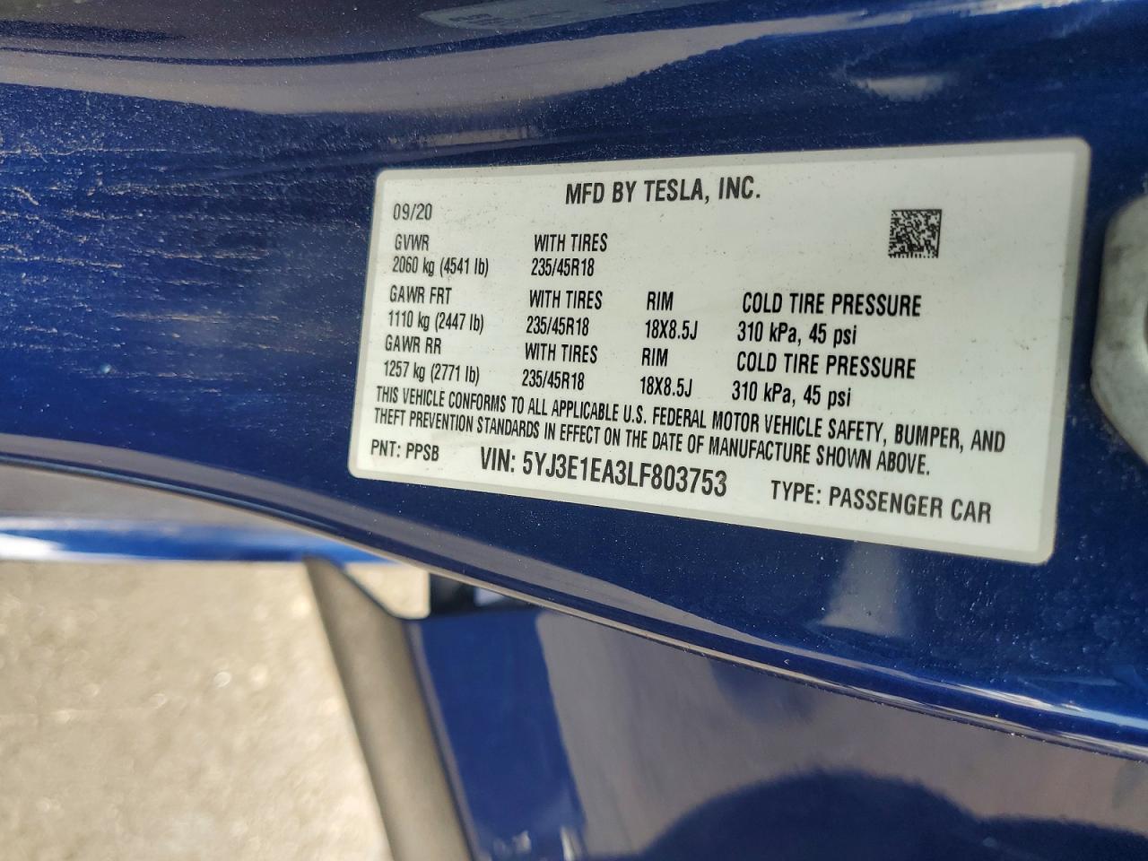 5YJ3E1EA3LF803753 · 2020 TESLA MODEL 3 · 12/12