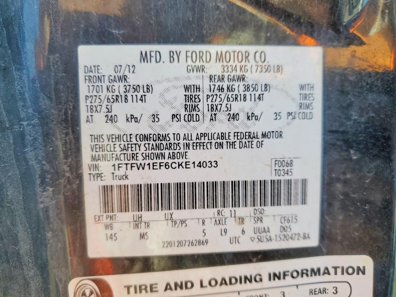 1FTFW1EF6CKE14033 · 2012 FORD F150 · 12/12