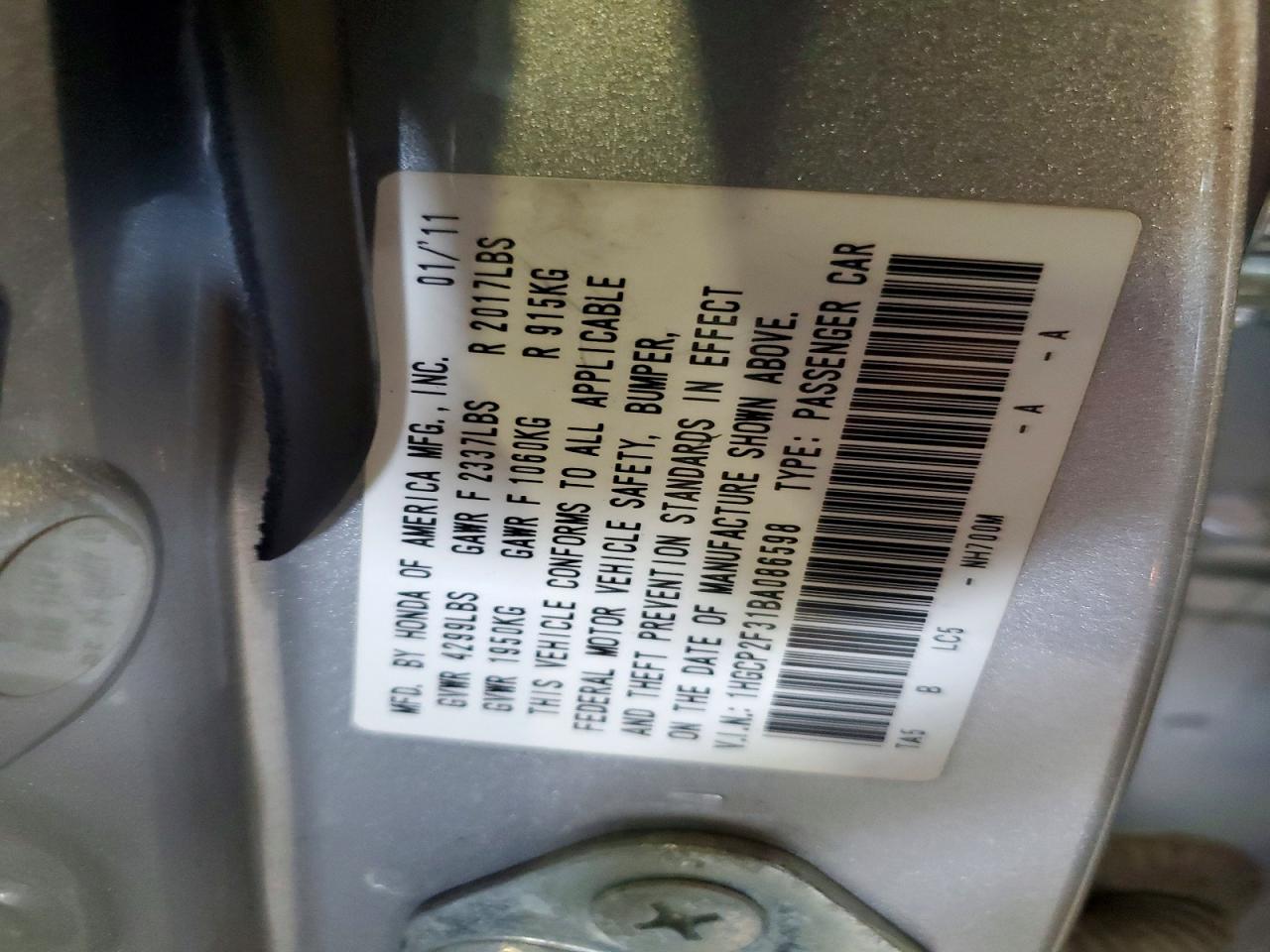 1HGCP2F31BA086598 · 2011 HONDA ACCORD · 12/12