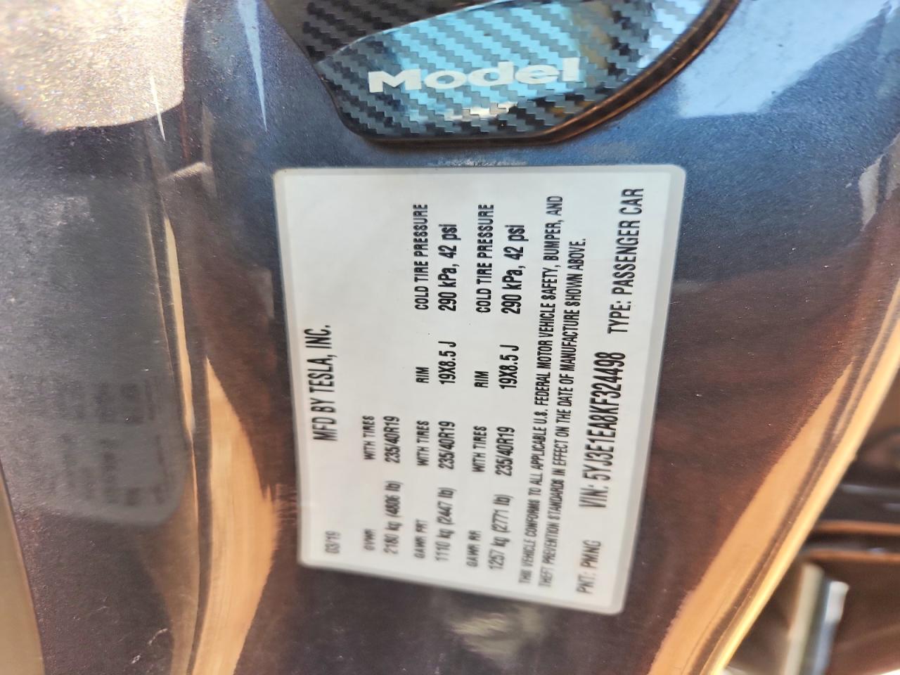 5YJ3E1EA8KF324498 · 2019 TESLA MODEL 3 · 12/12