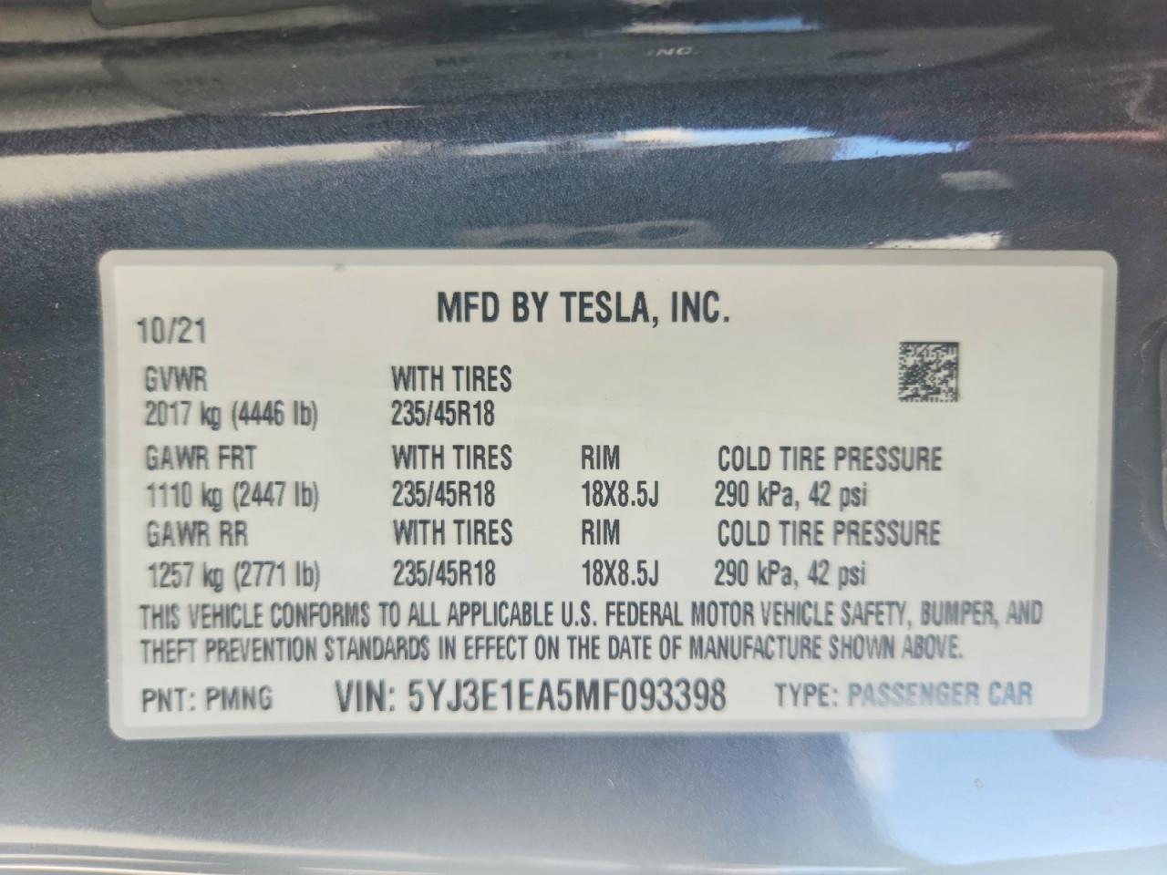 5YJ3E1EA5MF093398 · 2021 TESLA MODEL 3 · 12/12