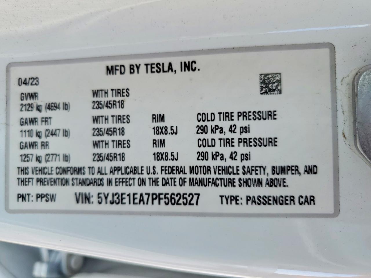 5YJ3E1EA7PF562527 · 2023 TESLA MODEL 3 · 12/12