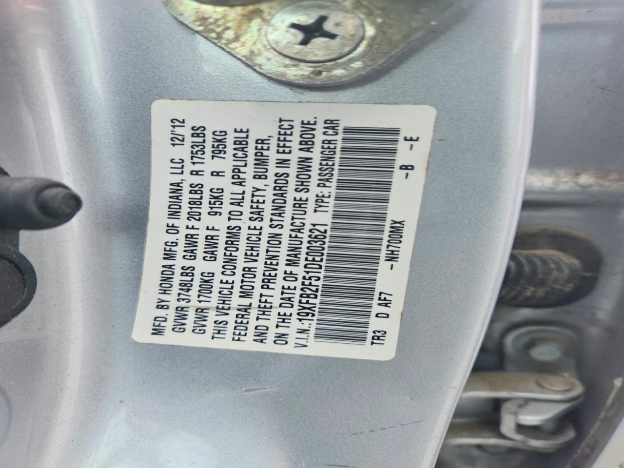 19XFB2F51DE003621 · 2013 HONDA CIVIC · 12/12