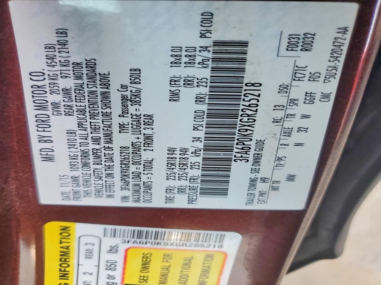 3FA6P0K9XGR265218 · 2016 FORD FUSION · 12/12