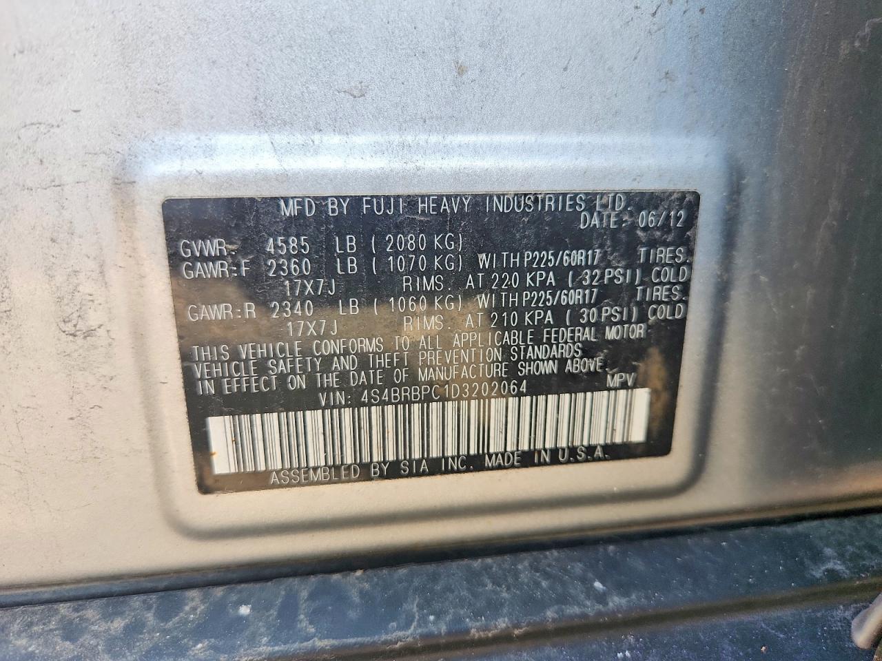 4S4BRBPC1D3202064 · 2013 SUBARU OUTBACK · 12/12