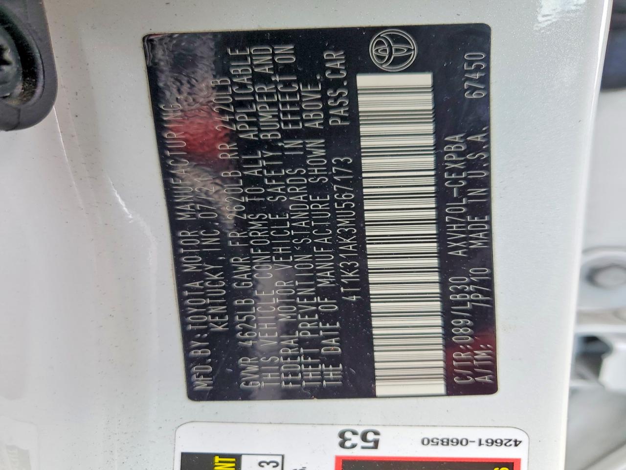 4T1K31AK3MU567173 · 2021 TOYOTA CAMRY · 12/12