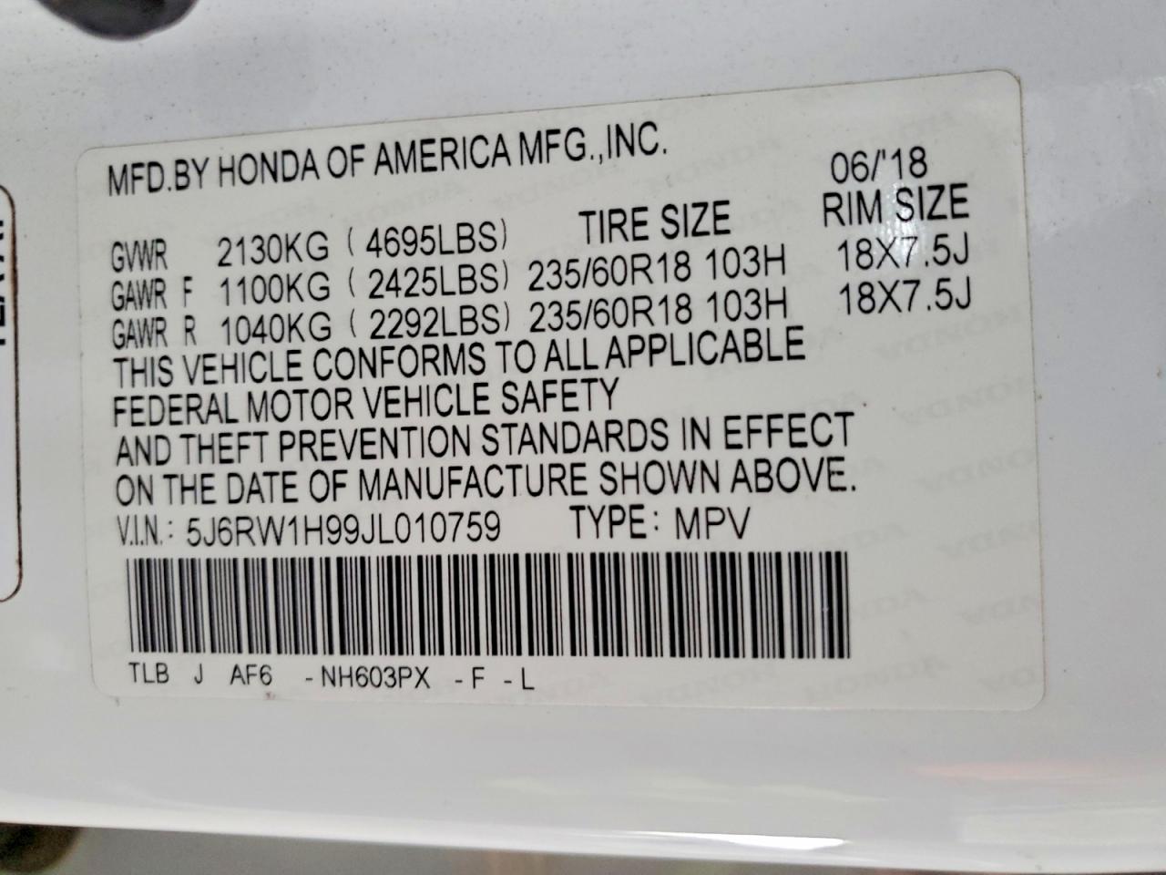 5J6RW1H99JL010759 · 2018 HONDA CR-V · 12/12