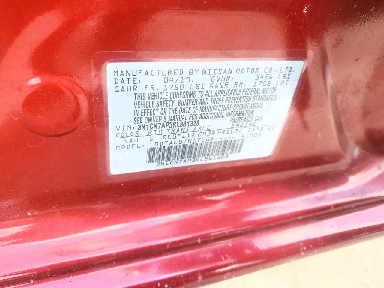 3N1CN7AP3KL861328 · 2019 NISSAN VERSA · 12/12