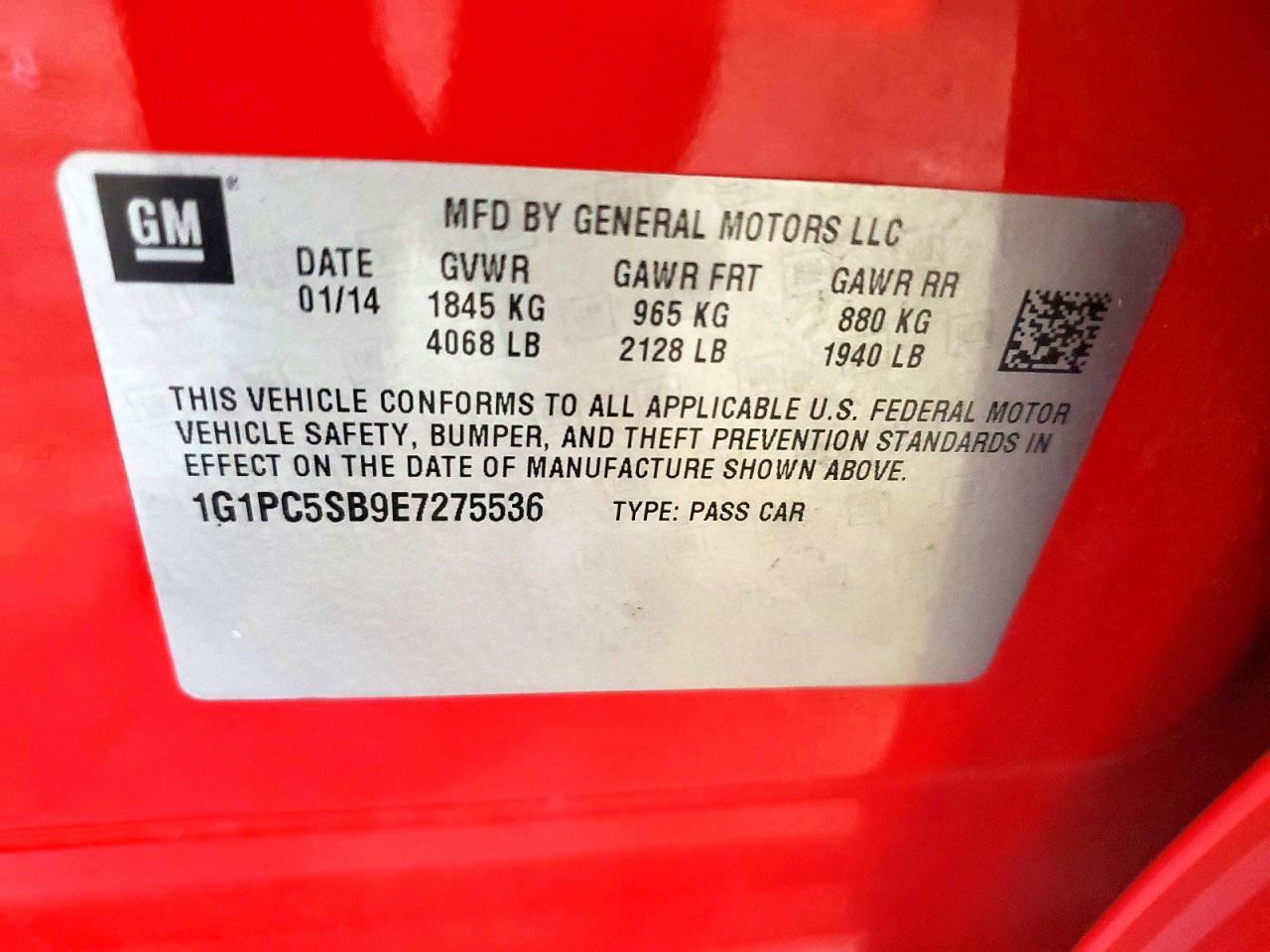 1G1PC5SB9E7275536 · 2014 CHEVROLET CRUZE · 12/12