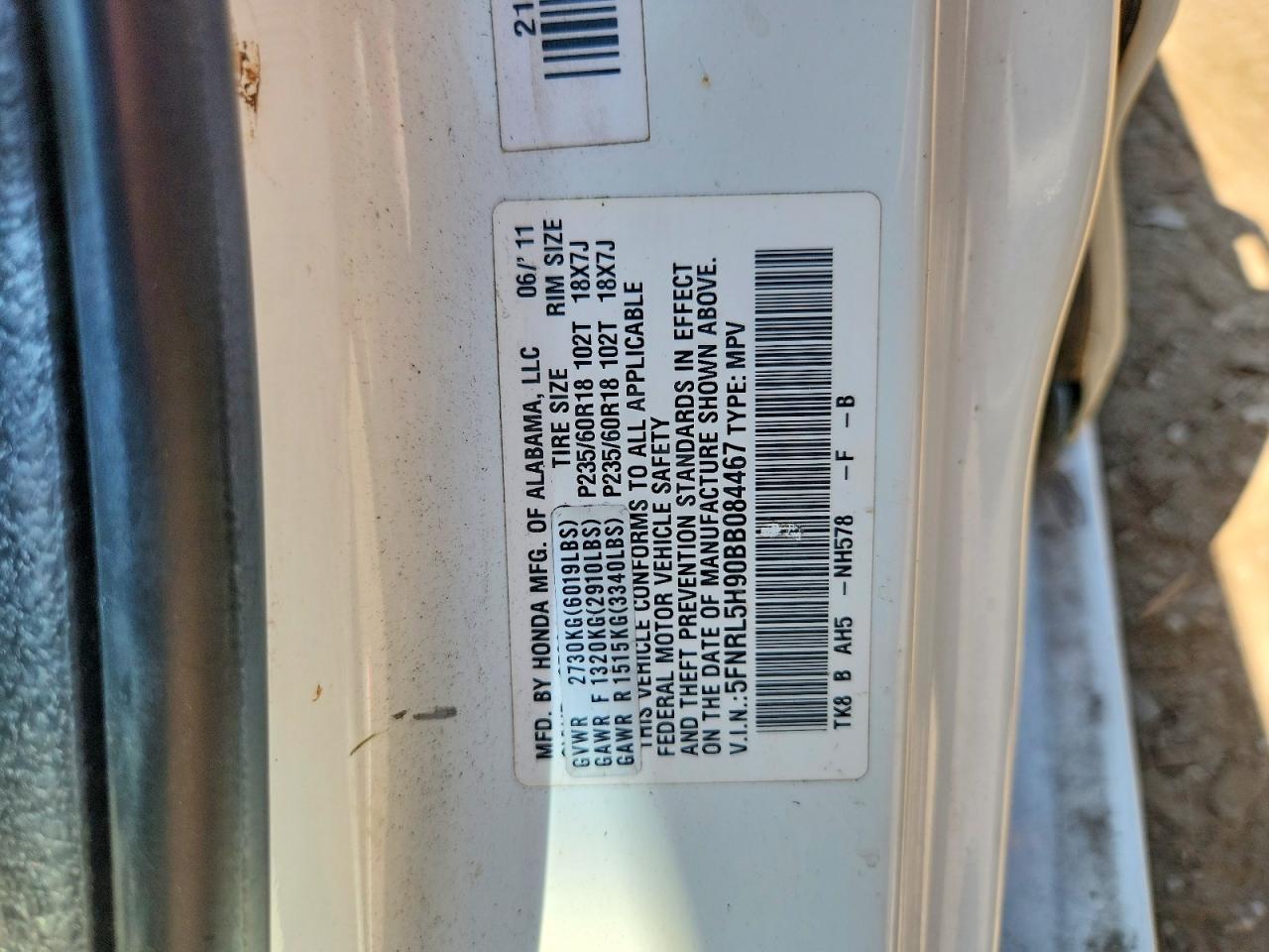 5FNRL5H90BB084467 · 2011 HONDA ODYSSEY · 11/11