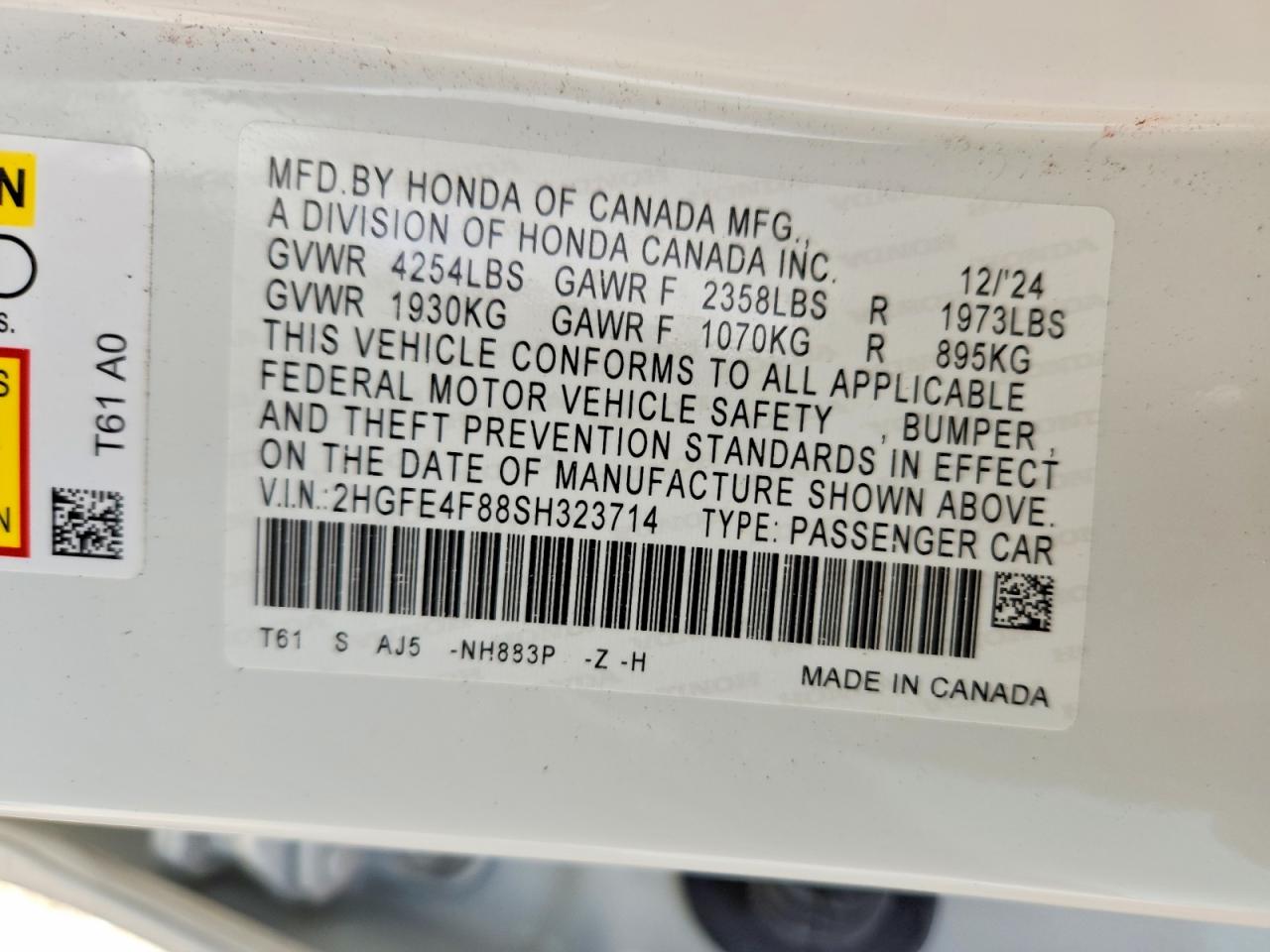 2HGFE4F88SH323714 · 2025 HONDA CIVIC · 12/12