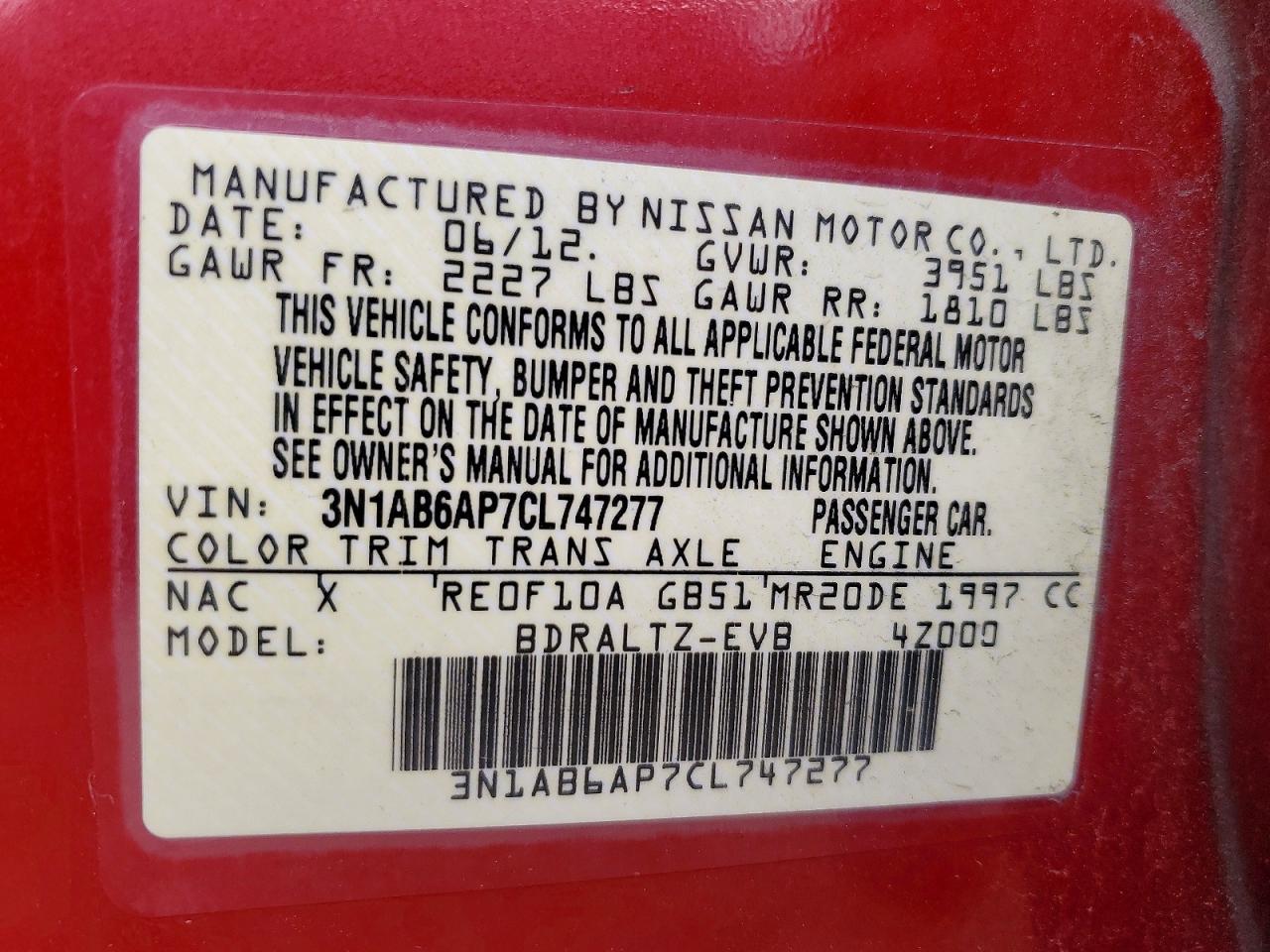 3N1AB6AP7CL747277 · 2012 NISSAN SENTRA · 12/12