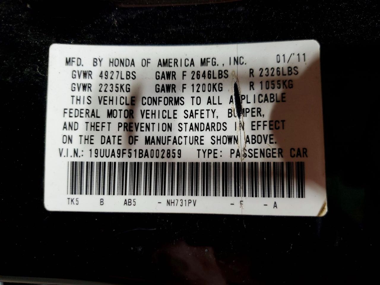 19UUA9F51BA002859 · 2011 ACURA TL · 12/12